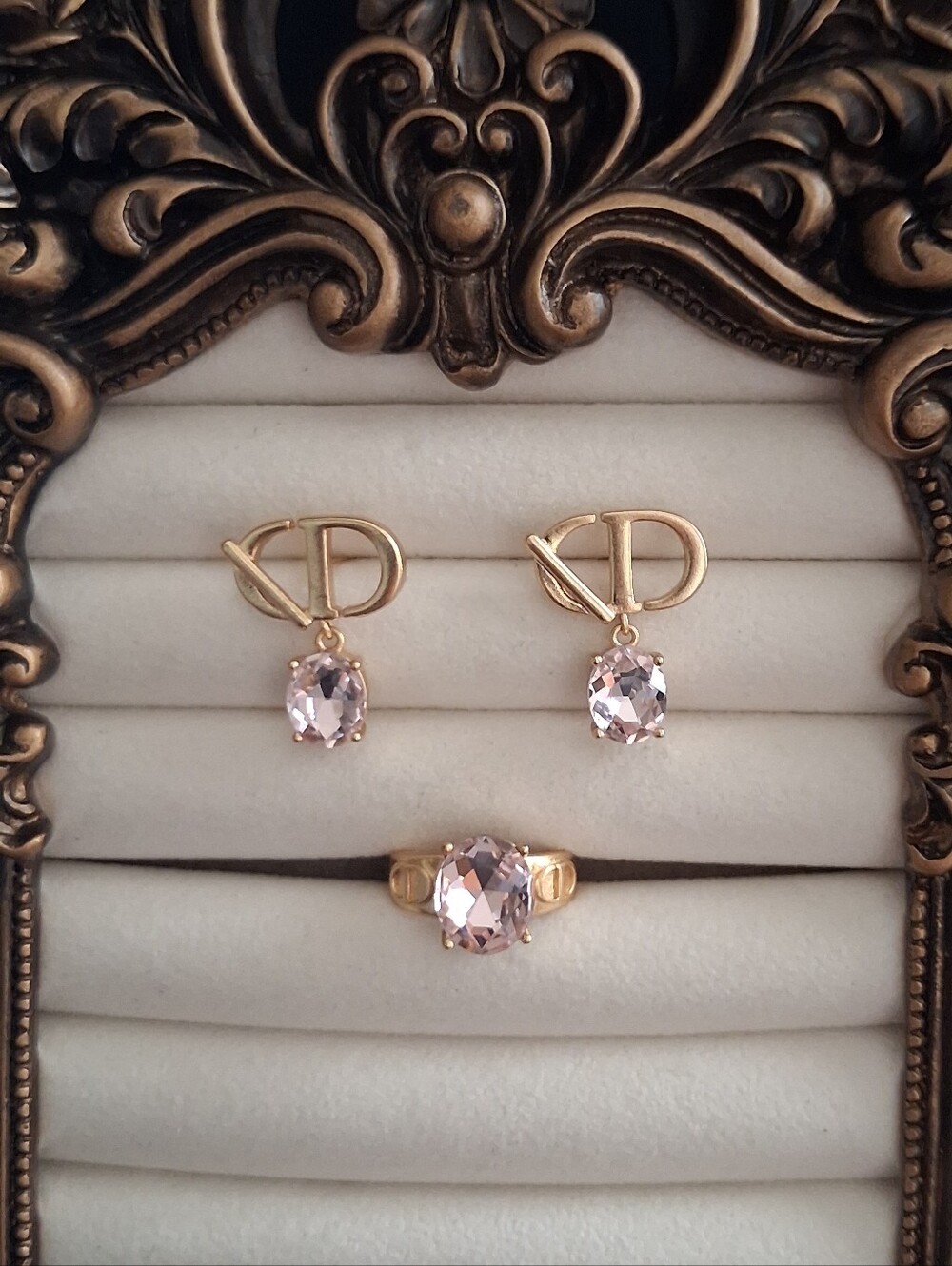 DIOR Gold-tone Pink Crystal Ring and Earrings Set